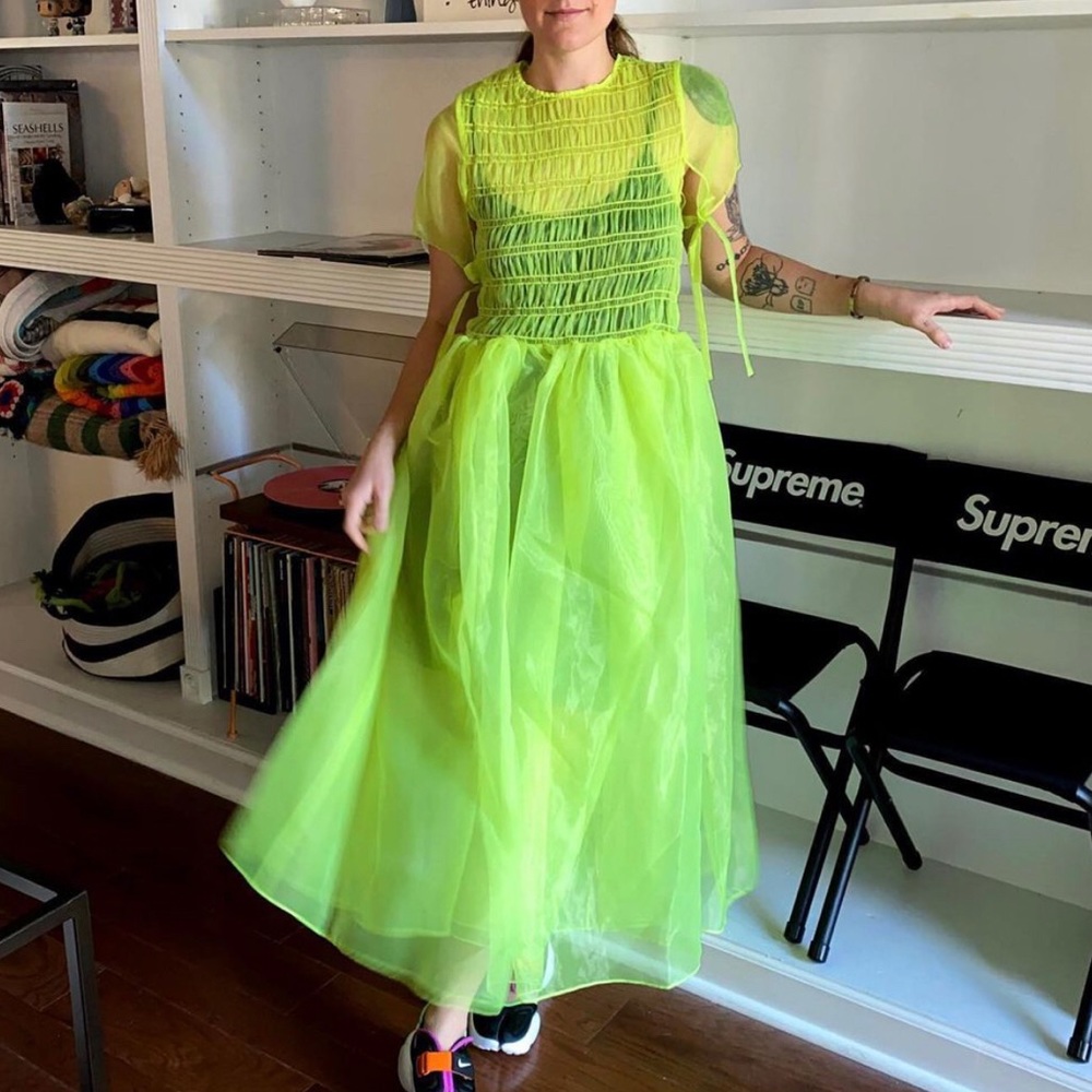 Sandy Liang Spring 2020 sheer neon suphur smocked midi dress - SZ M